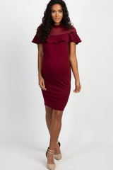 Burgundy Mesh Accent Ruffle Trim Fitted Maternity Dress