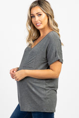 Charcoal V-Neck Pocket Accent Maternity Top