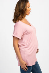 Pink V-Neck Pocket Accent Maternity Top