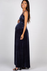 Grey Velvet Wrap Self Tie Maternity Maxi Dress