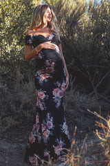 PinkBlush Black Rose Floral Off Shoulder Wrap Maternity Photoshoot Gown/Dress