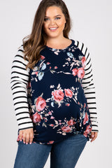 Navy Blue Floral Striped Sleeve Maternity Knot Plus Top
