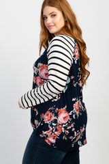 Navy Blue Floral Striped Sleeve Knot Plus Top