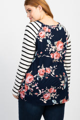 Navy Blue Floral Striped Sleeve Knot Plus Top