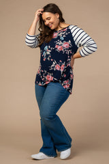Navy Blue Floral Striped Sleeve Maternity Knot Plus Top