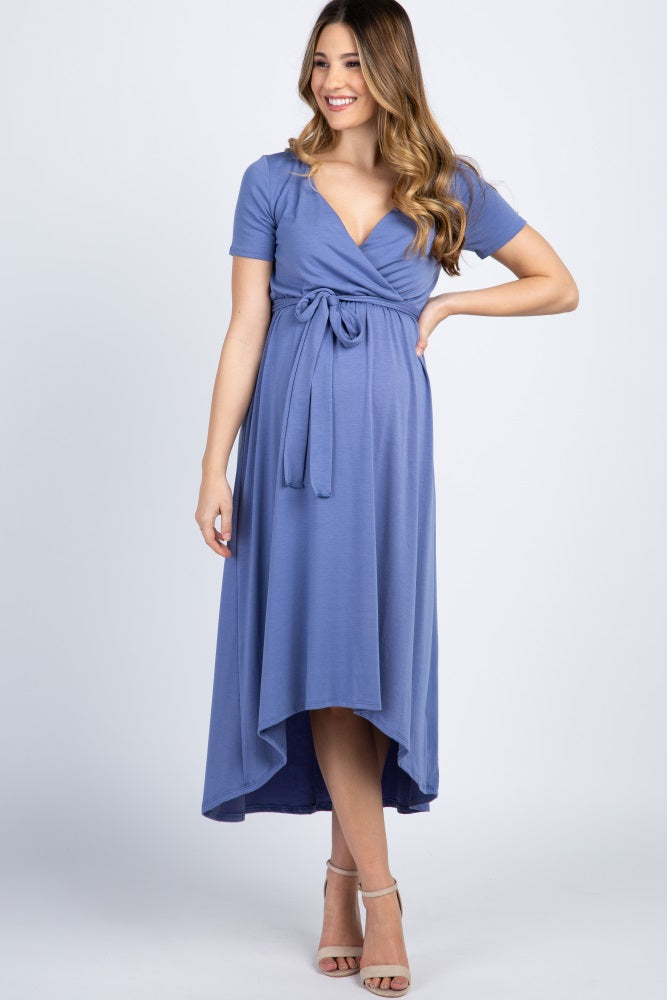 Slate Blue Solid Hi-Low Maternity Wrap Dress