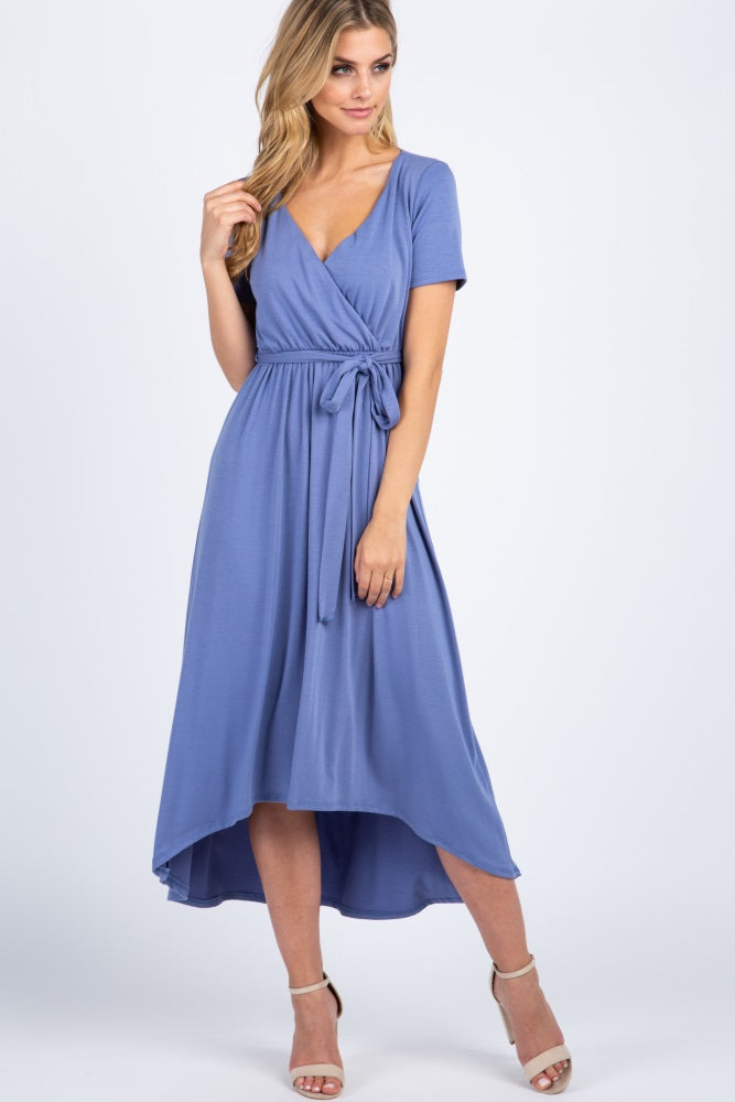 Slate Blue Solid Hi-Low Maternity Wrap Dress– PinkBlush