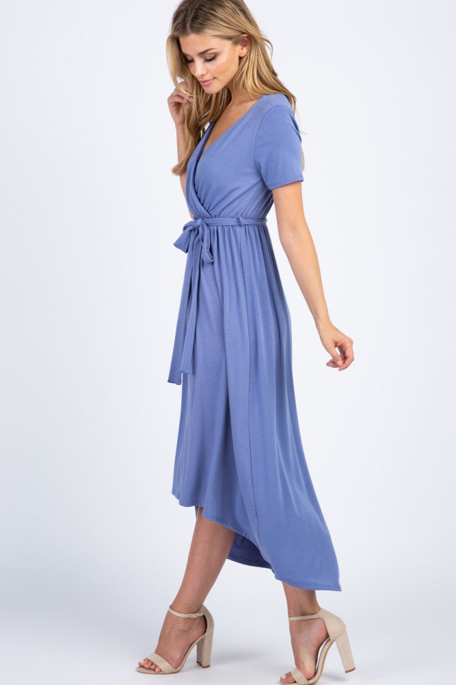 Slate Blue Solid Hi-Low Wrap Dress– PinkBlush