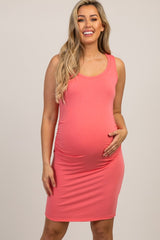 PinkBlush Coral Sleeveless Ruched Fitted Maternity Dress