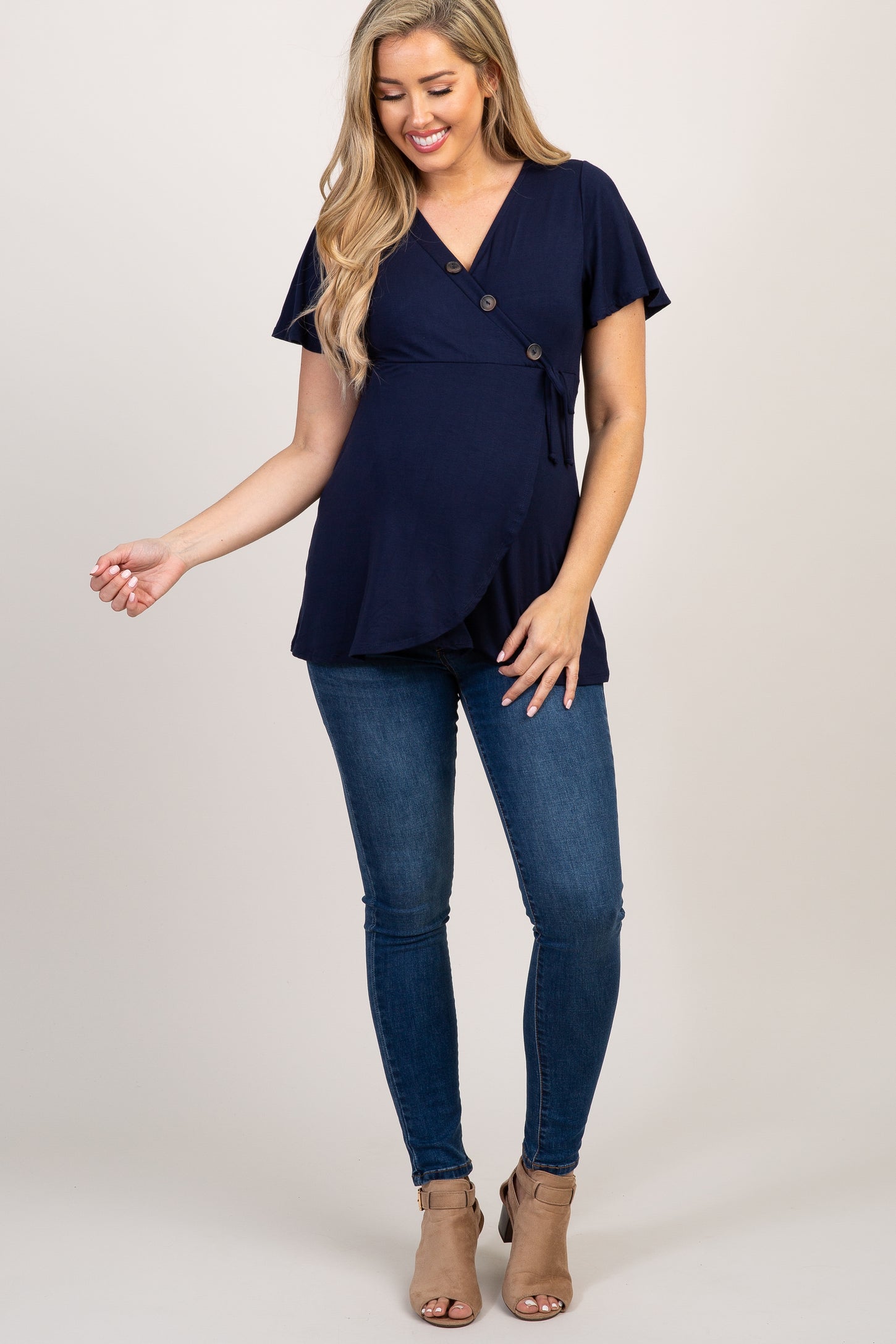 PinkBlush Navy Blue Short Sleeve Button Accent Maternity/Nursing Wrap Top