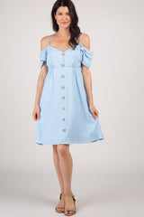 PinkBlush Light Blue Button Accent Open Shoulder Dress