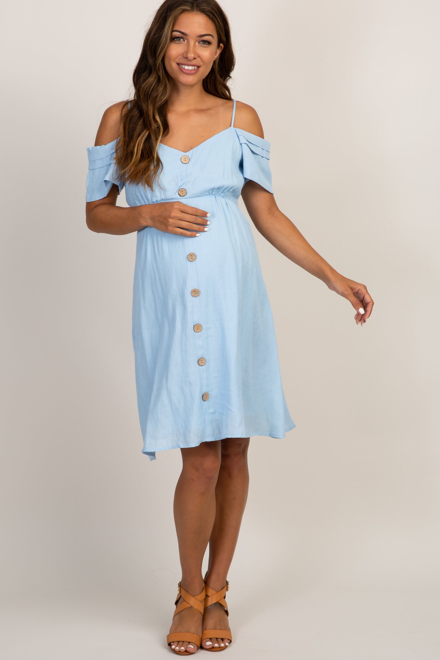 PinkBlush Light Blue Button Accent Open Shoulder Maternity Dress