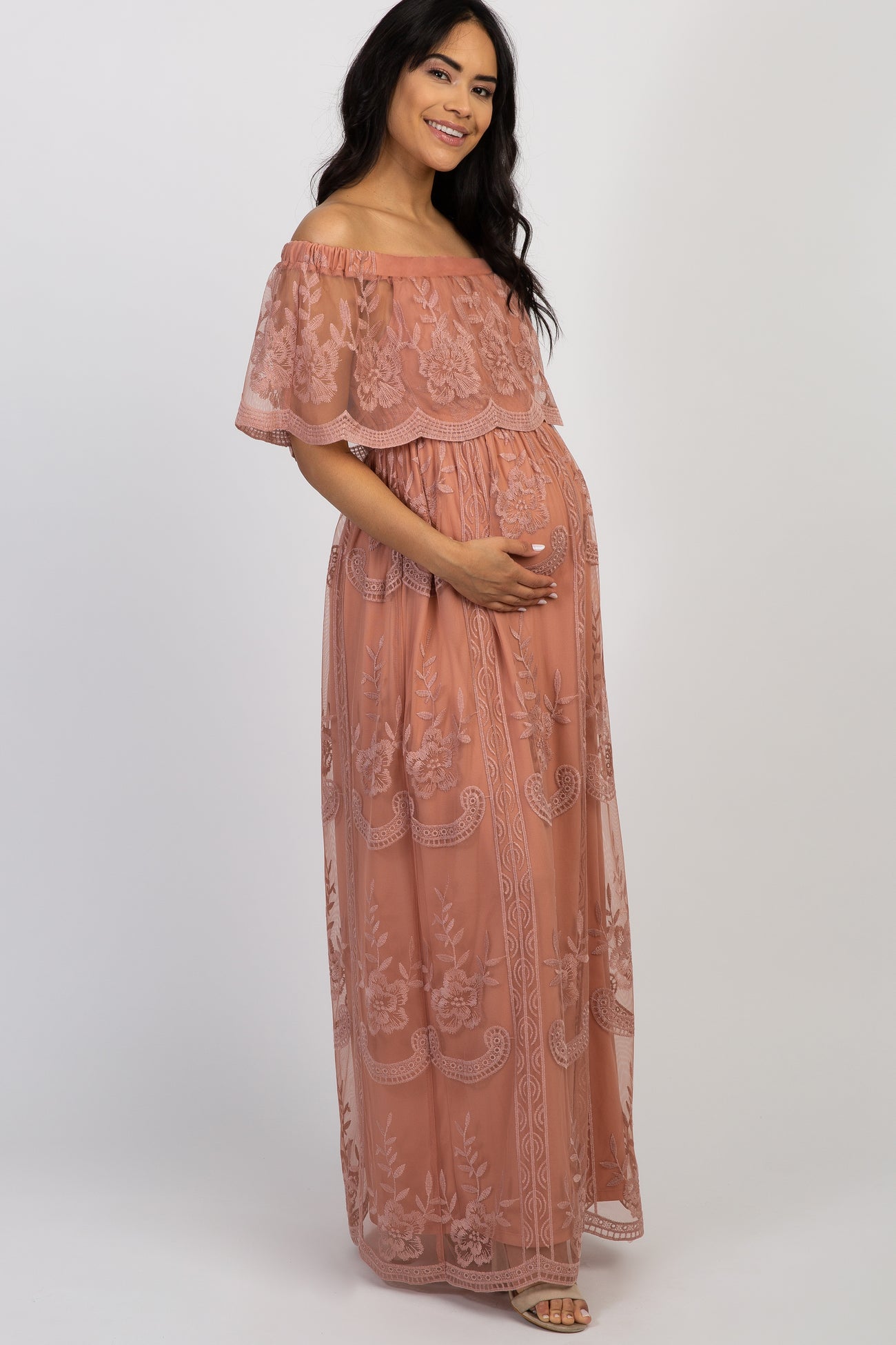 light pink lace mesh overlay maternity maxi dress Light Pink Lace Mesh Overlay Maternity Maxi Dress Medium