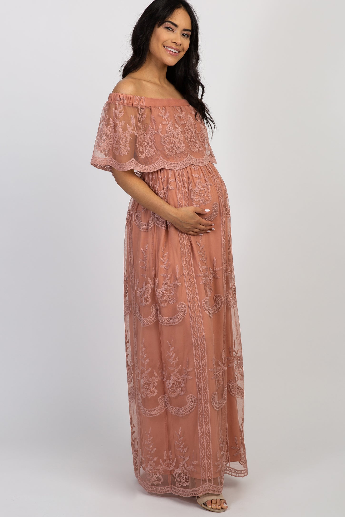 Light Pink Lace Mesh Overlay Off Shoulder Maternity Maxi Dress