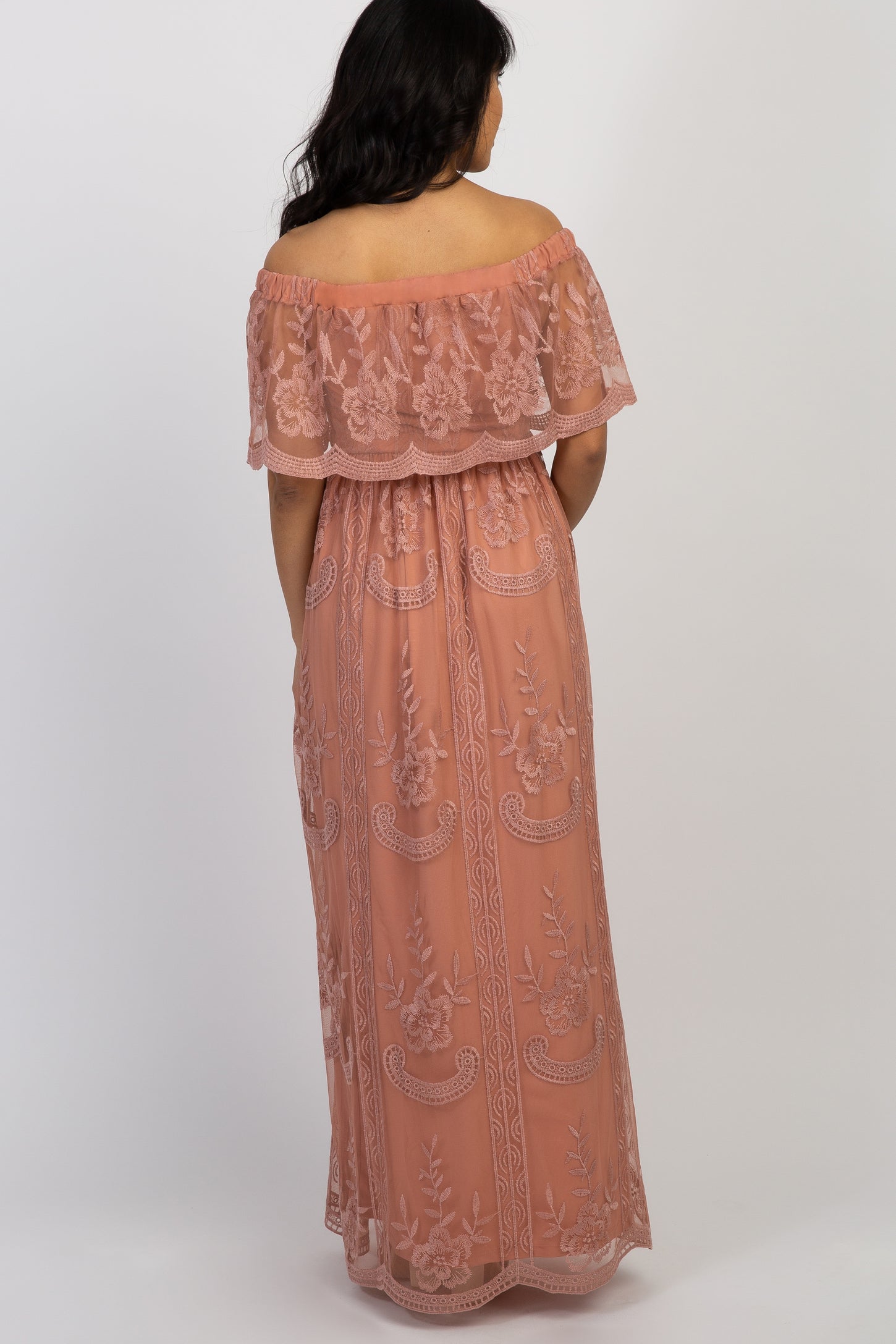 Light Pink Lace Mesh Overlay Off Shoulder Maternity Maxi Dress