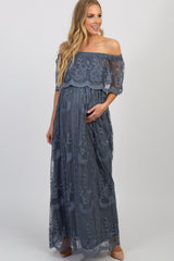 Blue Lace Mesh Overlay Off Shoulder Maternity Maxi Dress