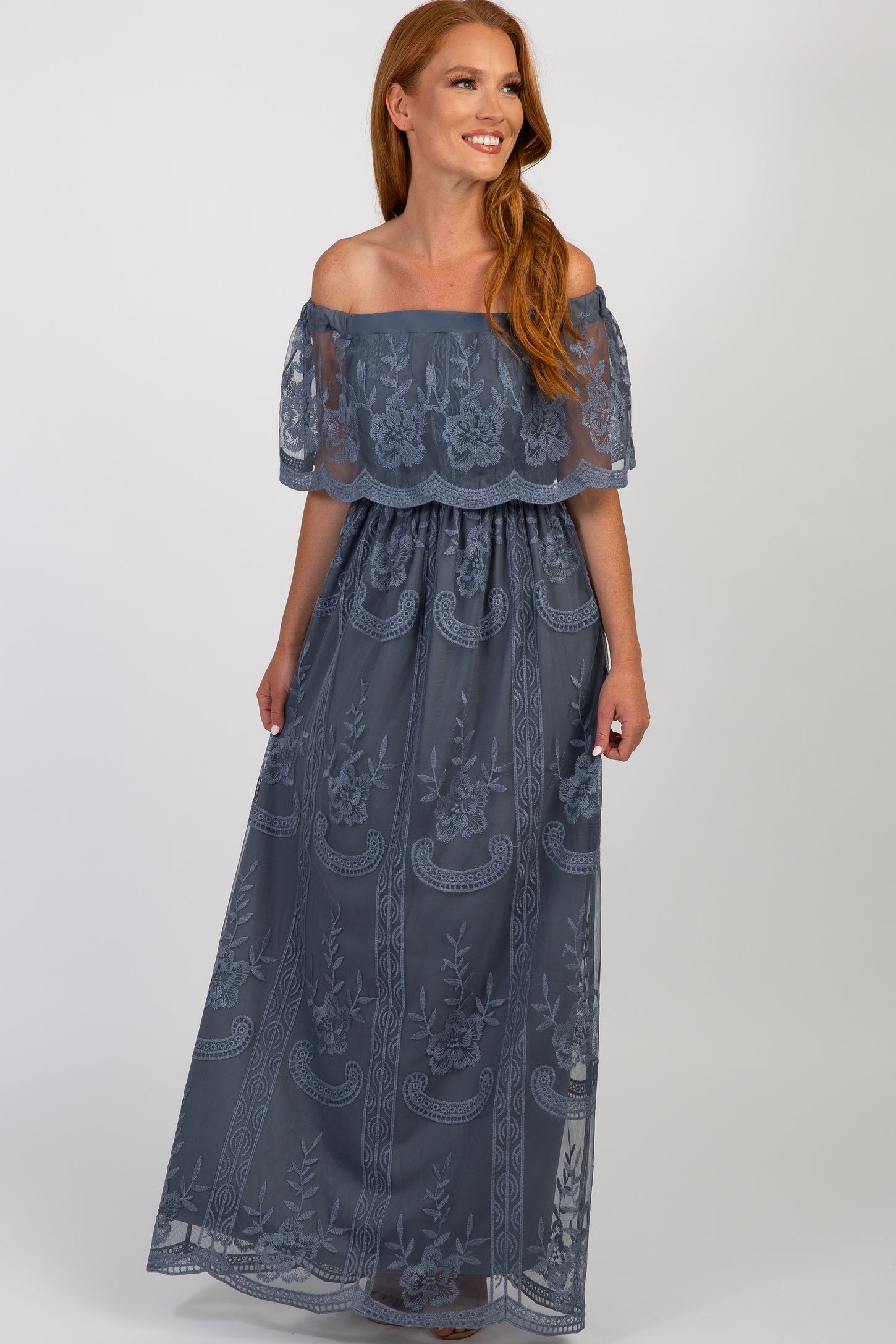 Blue Lace Mesh Overlay Off Shoulder Maxi Dress – PinkBlush