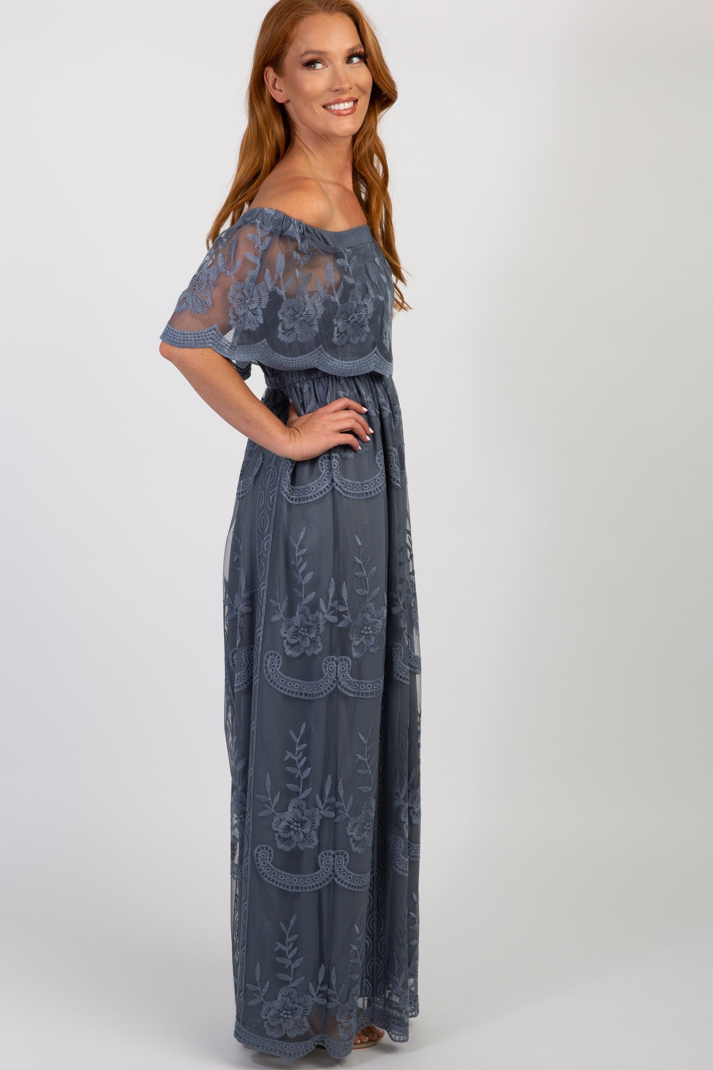 Blue Lace Mesh Overlay Off Shoulder Maxi Dress