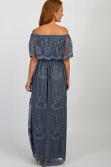 Blue Lace Mesh Overlay Off Shoulder Maxi Dress
