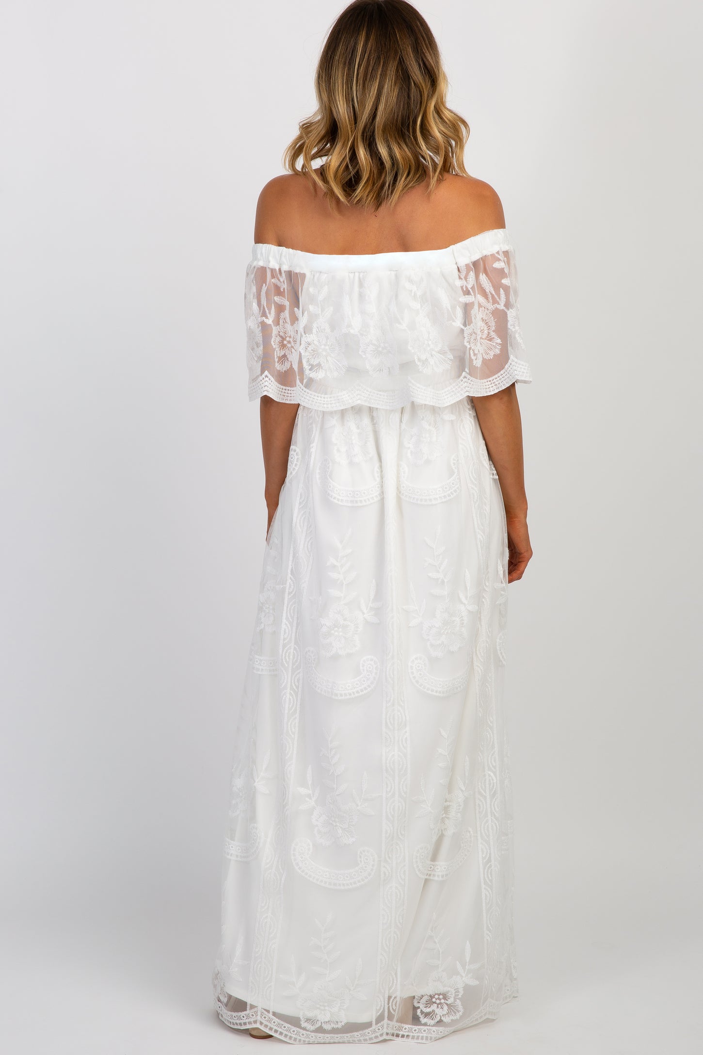 White Lace Mesh Overlay Off Shoulder Maxi Dress