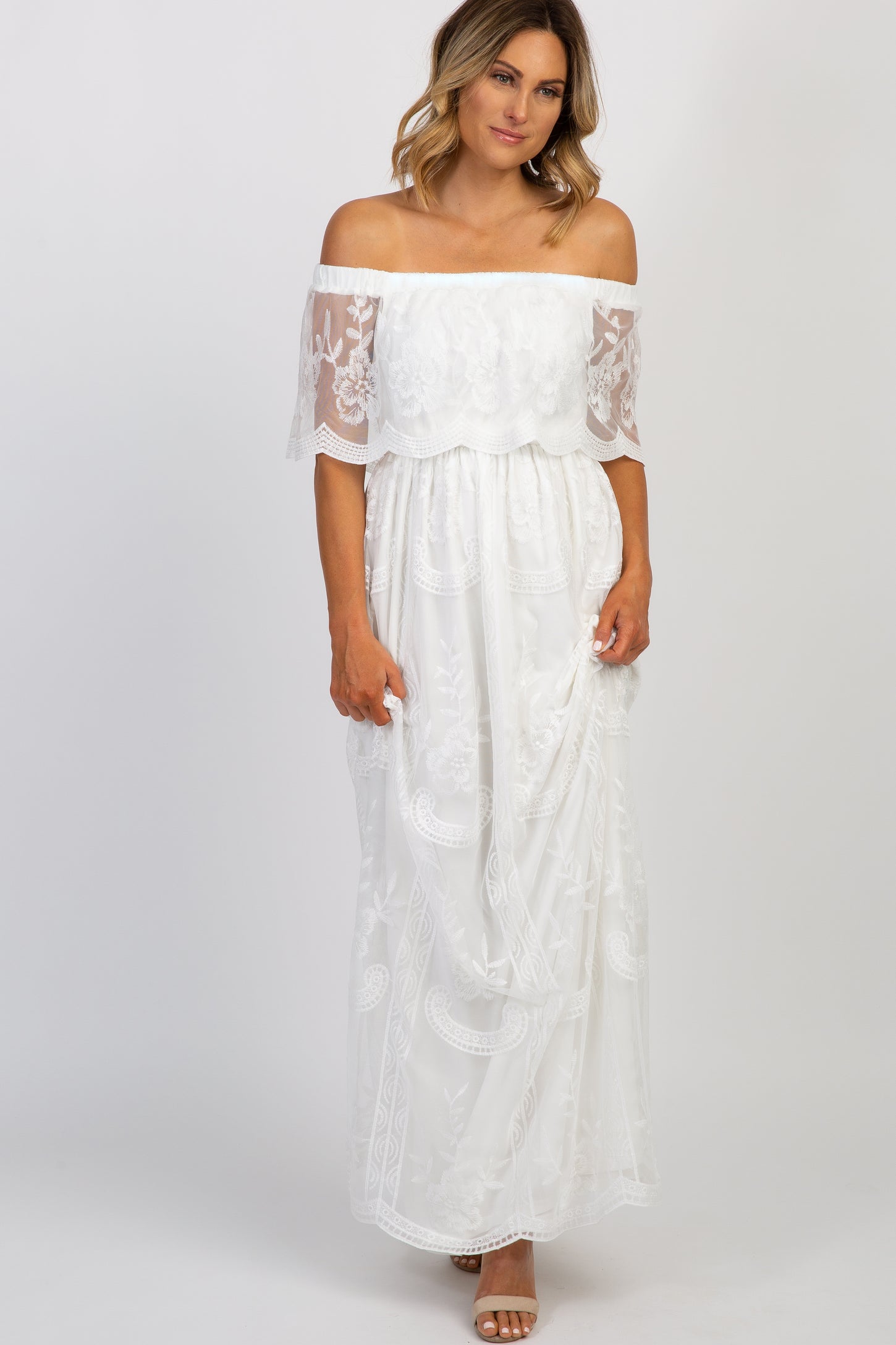 White Lace Mesh Overlay Off Shoulder Maxi Dress