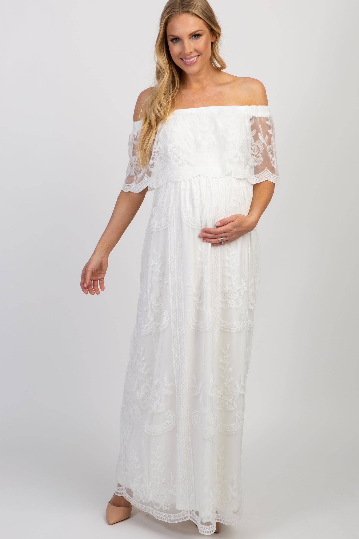 White Lace Mesh Overlay Off Shoulder Maternity Maxi Dress