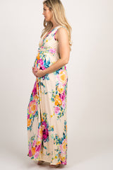 PinkBlush Light Yellow Floral Sleeveless Knot Front Maternity Maxi Dress