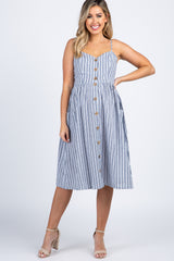 Navy Striped Sweetheart Button Front Maternity Dress