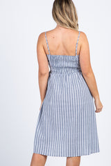 Navy Striped Sweetheart Button Front Maternity Dress
