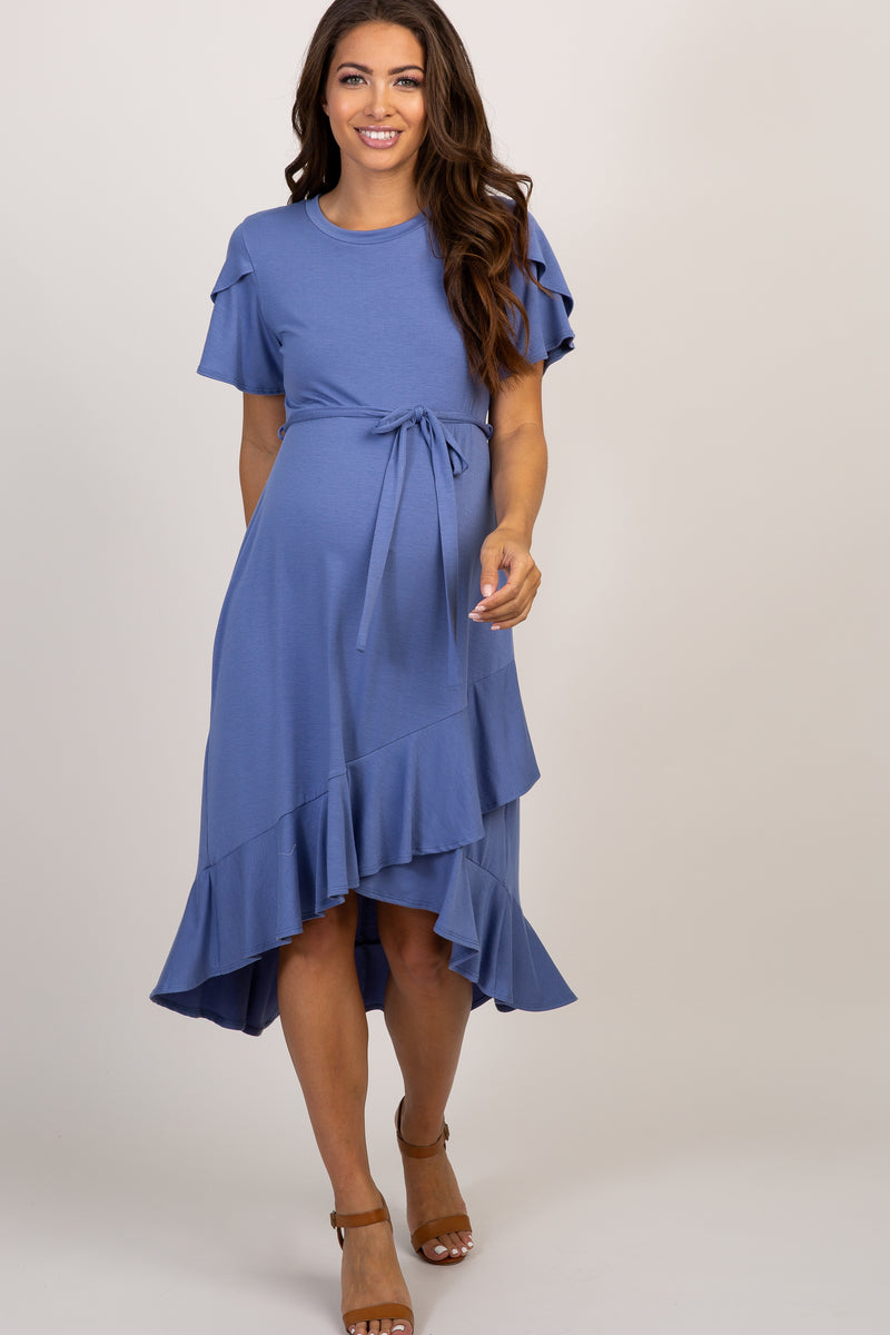 PinkBlush Blue Ruffle Trim Hi-Low Wrap Maternity Dress