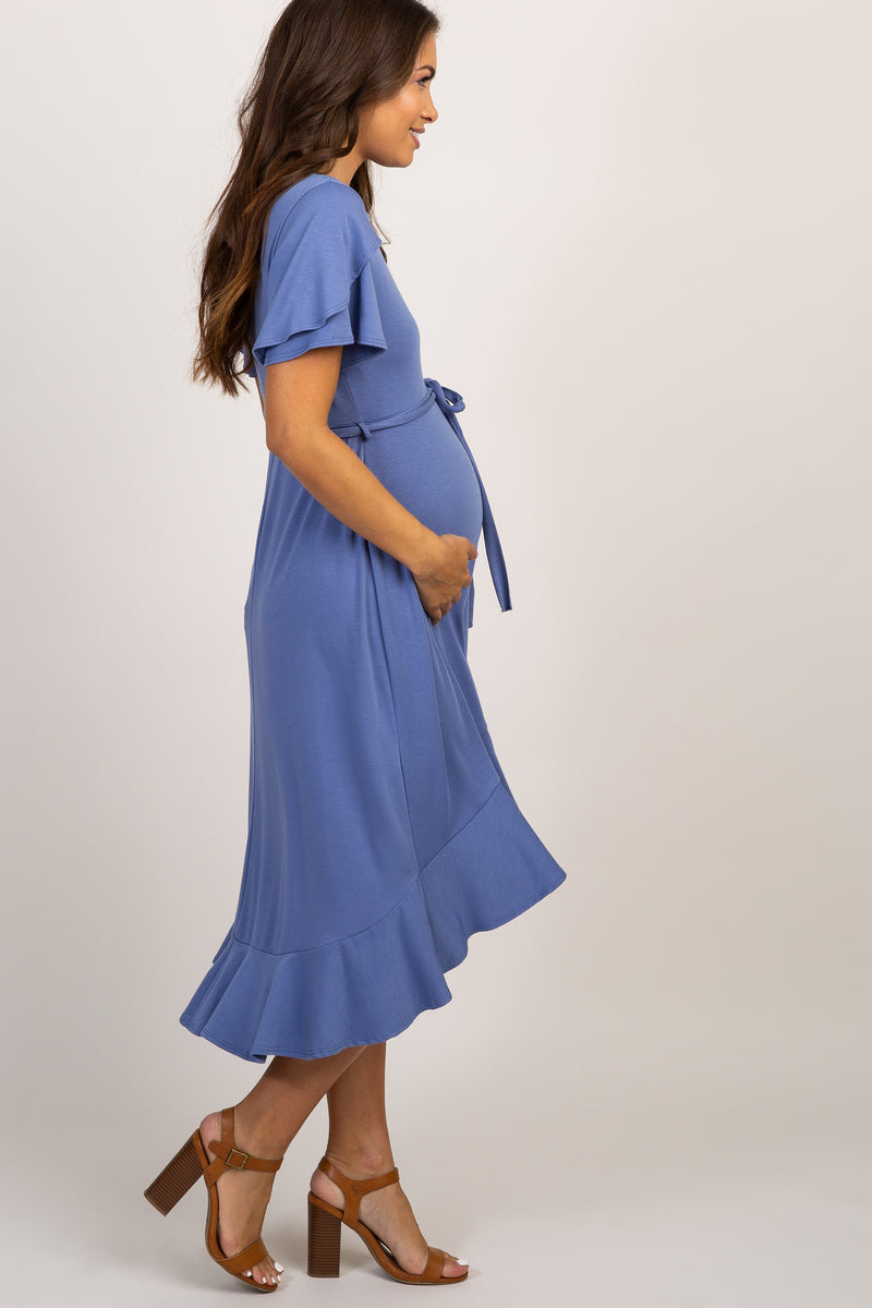 PinkBlush Blue Ruffle Trim Hi-Low Wrap Maternity Dress