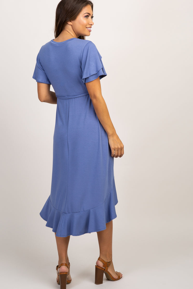 PinkBlush Blue Ruffle Trim Hi-Low Wrap Maternity Dress