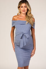 PinkBlush Navy Blue Folded Off Shoulder Belted Fitted Maternity Dress