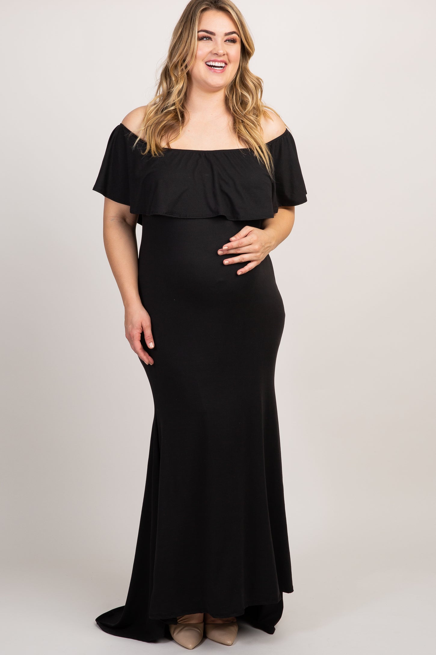 plus size maternity mermaid dress Momyknows White Off Shoulder Lace Bandeau Tie Front Mermaid Bandage Going Out Photoshoot Maternity Maxi Dress, White / XL