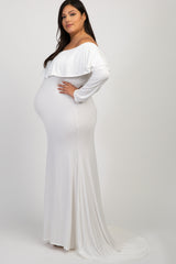Ivory Off Shoulder Ruffle Maternity Plus Photoshoot Gown/Dress– PinkBlush