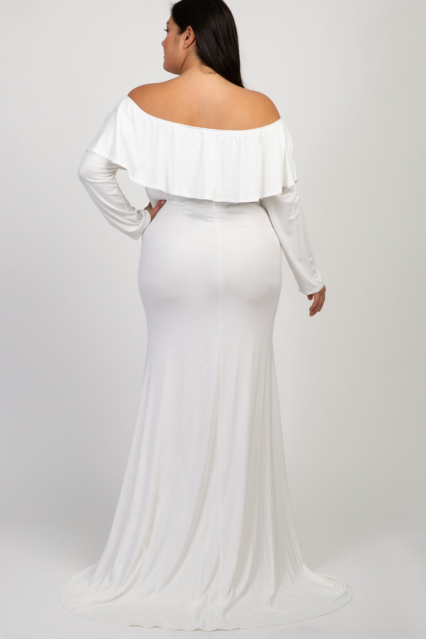 Ivory Off Shoulder Ruffle Maternity Plus Photoshoot Gown/Dress