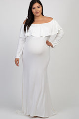 Ivory Off Shoulder Ruffle Maternity Plus Photoshoot Gown/Dress