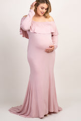 PinkBlush Mauve Off Shoulder Ruffle Maternity Plus Photoshoot Gown/Dress