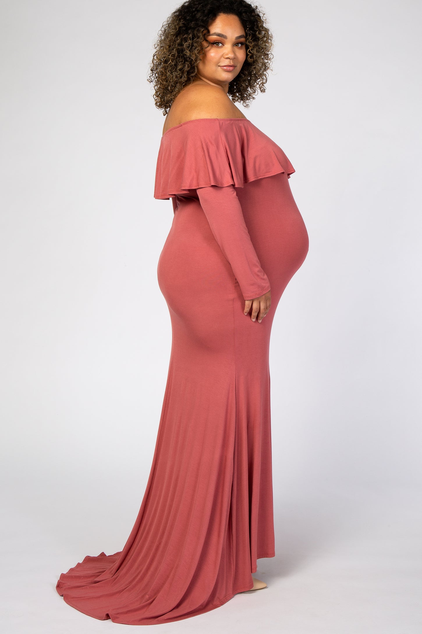 Dark Mauve Off Shoulder Ruffle Maternity Plus Photoshoot Gown/Dress
