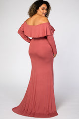 Dark Mauve Off Shoulder Ruffle Maternity Plus Photoshoot Gown/Dress