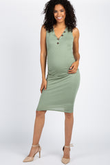 PinkBlush Sage Green Ribbed Button Front Ruched Fitted Maternity Dress