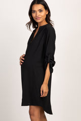Black Solid V-Neck 3/4 Sleeve Maternity Dress
