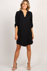 Black Solid V-Neck 3/4 Sleeve Dress