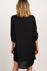 Black Solid V-Neck 3/4 Sleeve Dress