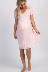PinkBlush Pink Lace Trim V-Neck Maternity Sleep Dress
