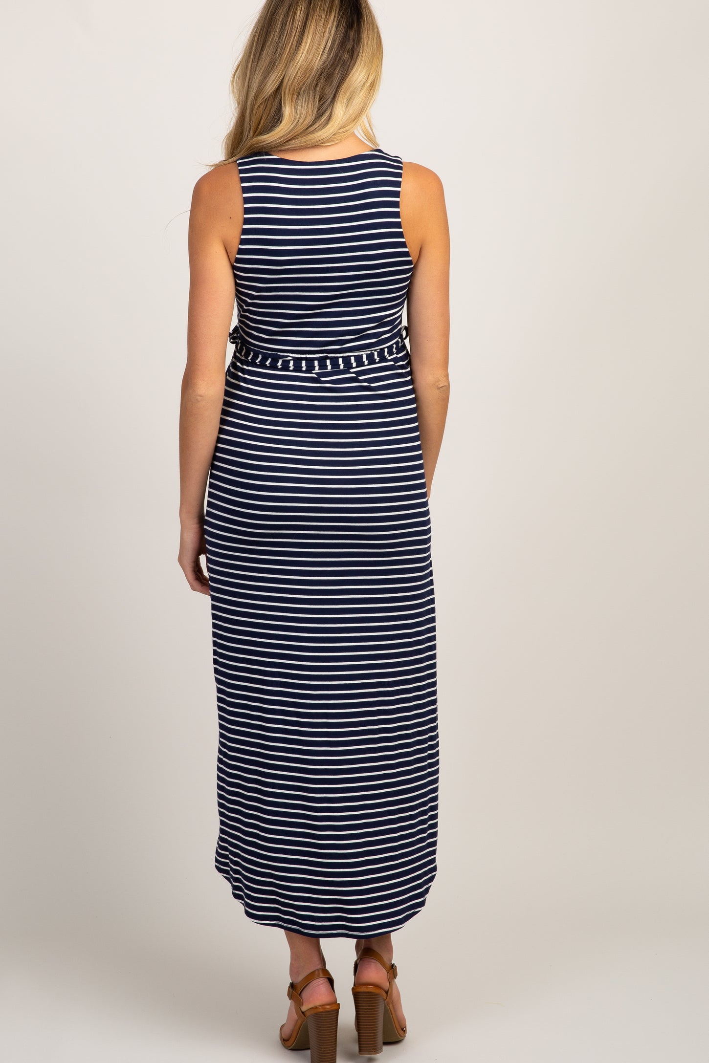 Navy Striped Hi-Low Maternity Wrap Dress