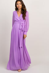 Lavender Chiffon Long Sleeve Pleated Maternity Maxi Dress
