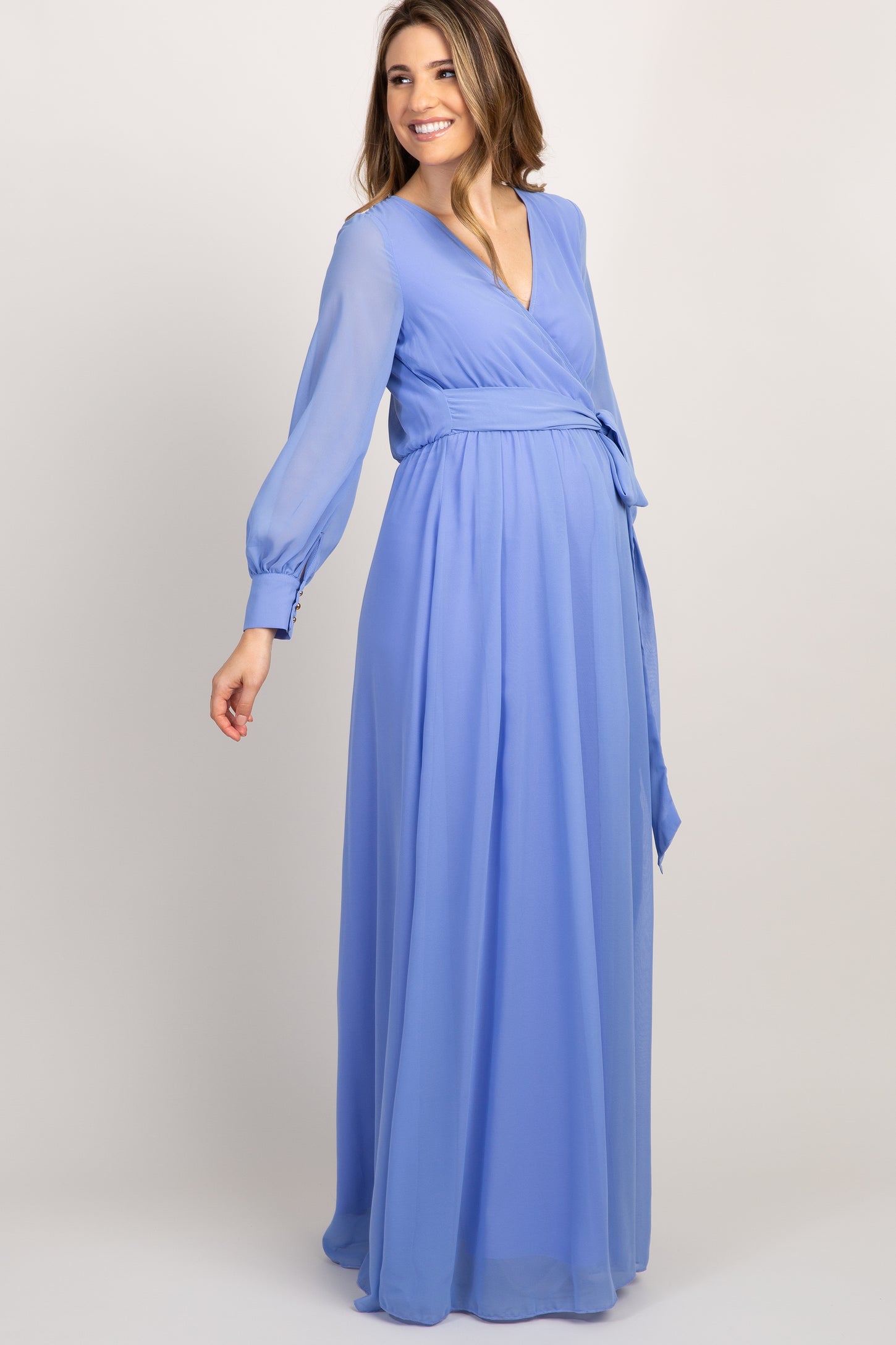 Periwinkle Chiffon Long Sleeve Pleated Maternity Maxi Dress– PinkBlush