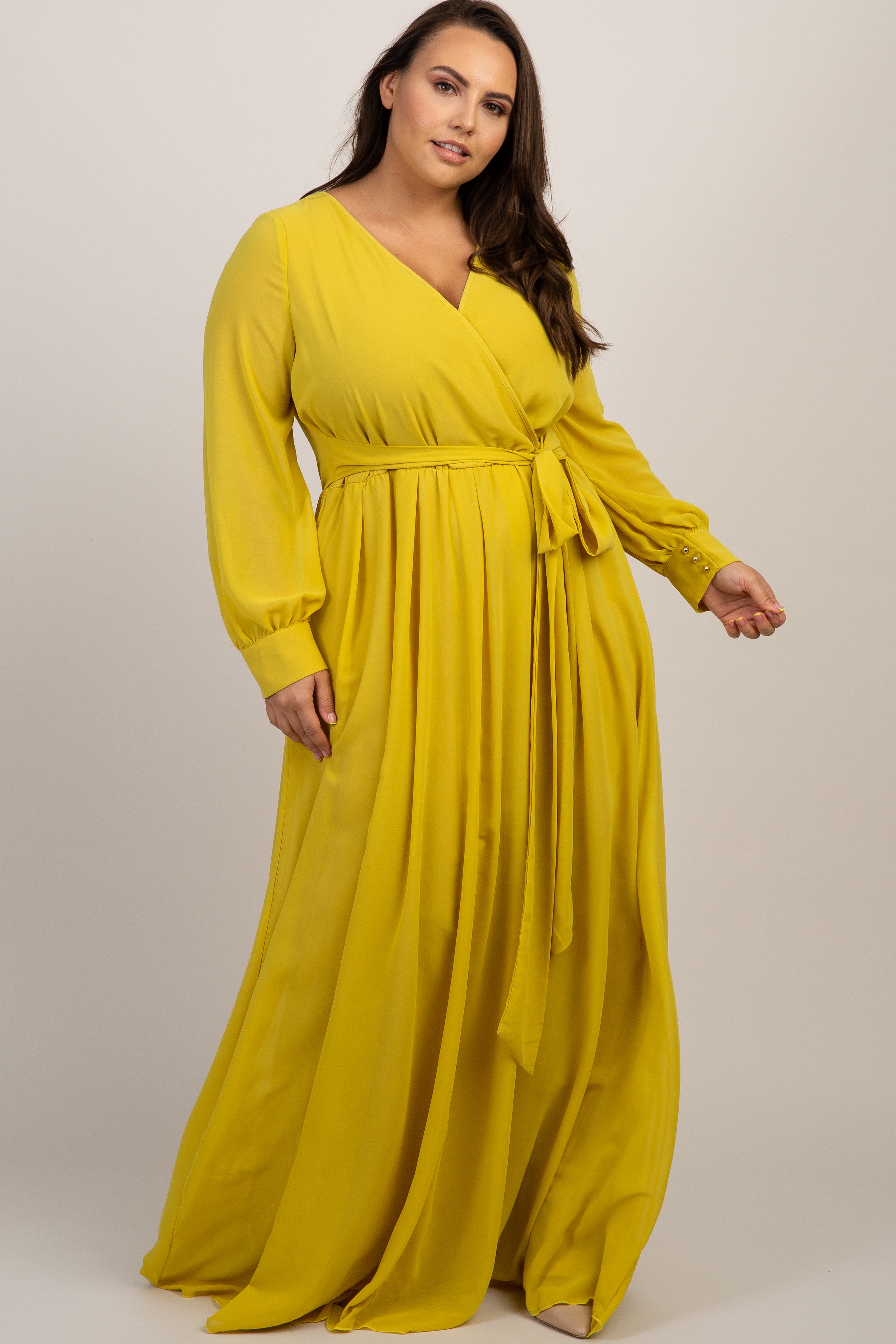 Yellow Chiffon Long Sleeve Plus Maxi Dress– PinkBlush