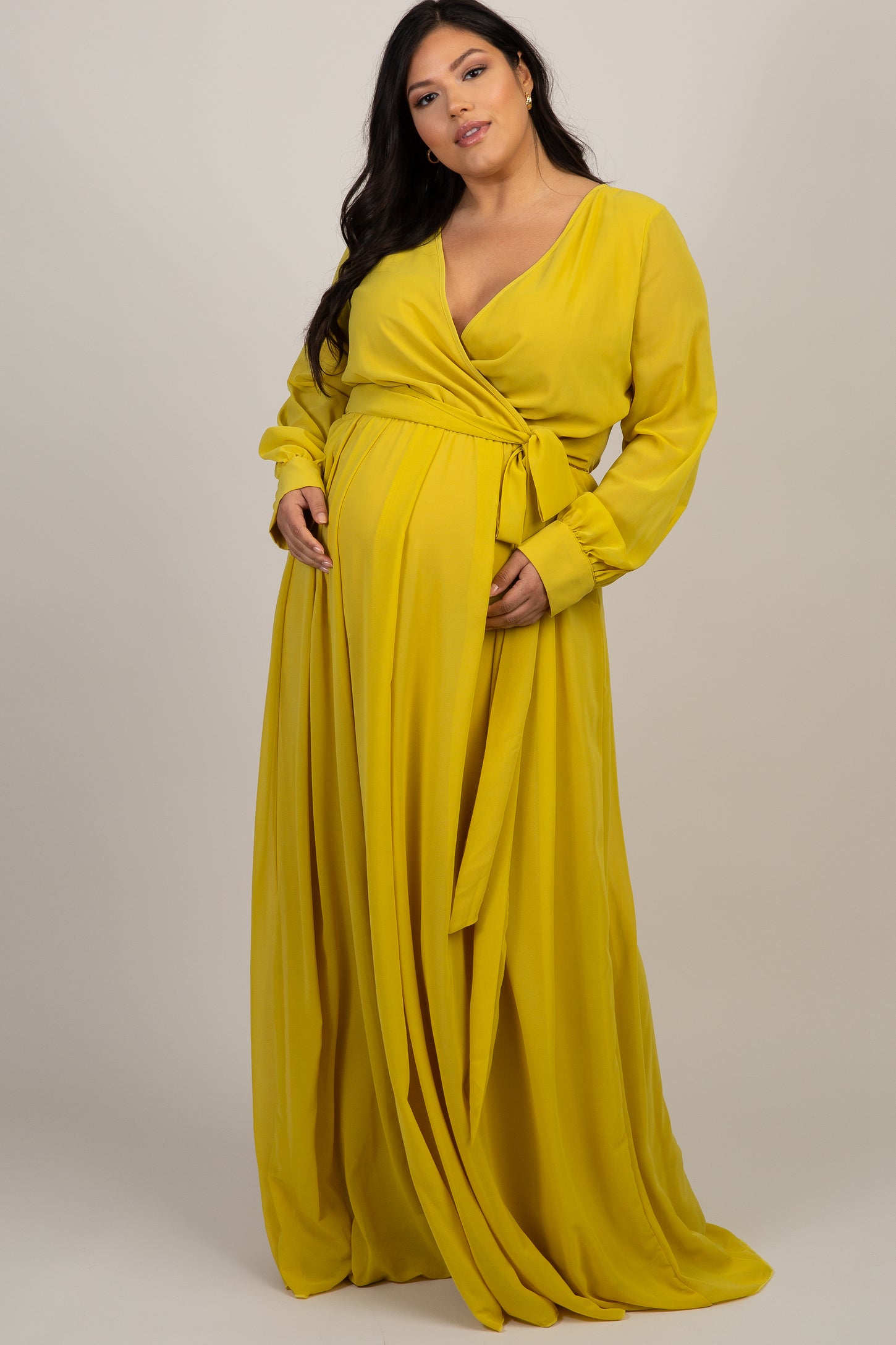 Yellow Chiffon Long Sleeve Plus Maternity Maxi Dress PinkBlush Yellow Chiffon Long Sleeve Plus Maternity Maxi Dress PinkBlush